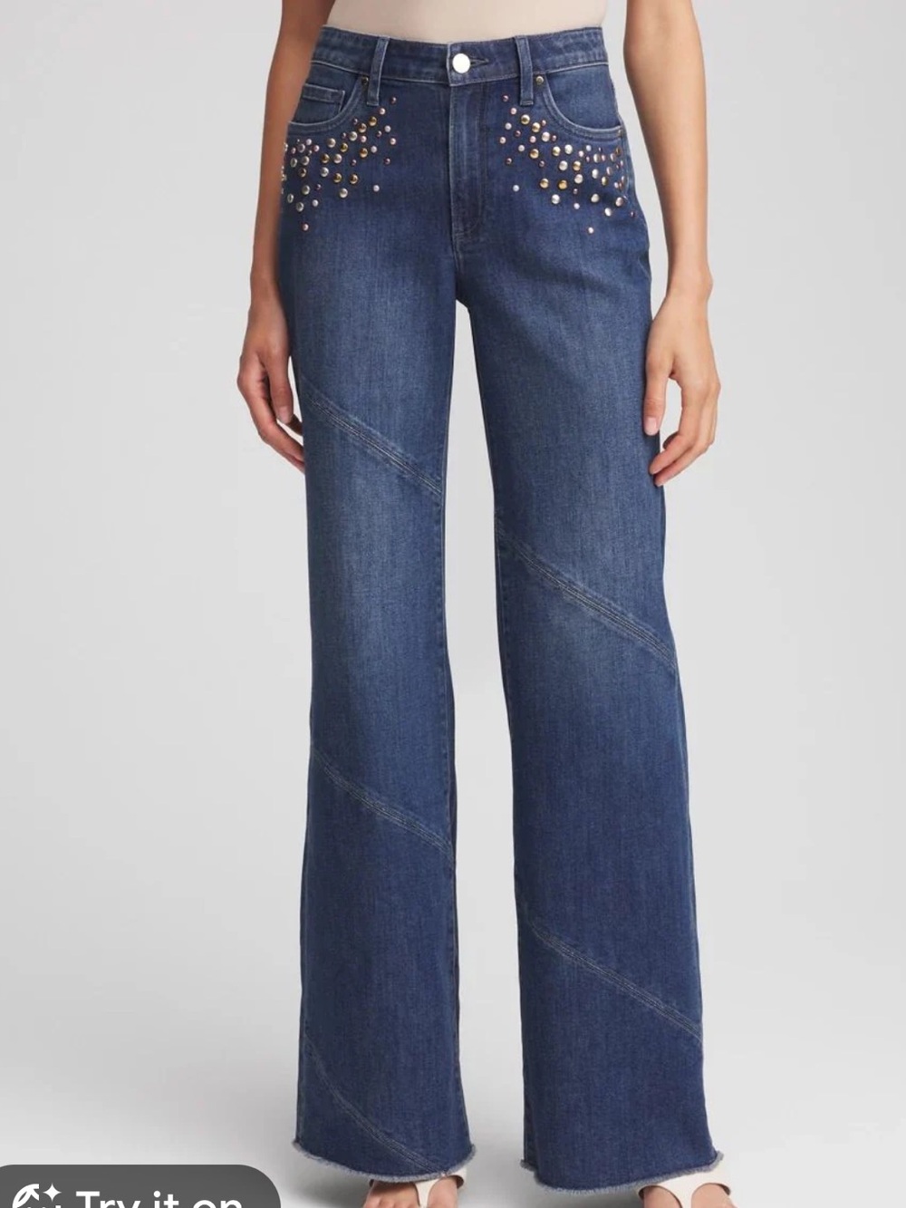 Chico's Dark Blue High Rise Flare Denim Embellished Gold/Bronze Studs Size 10
